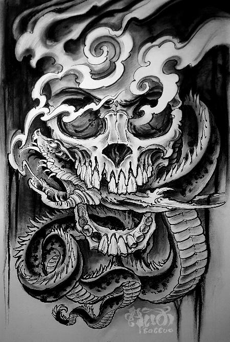 Tattoos - Skull with snake - 113864